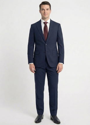 Cardeliano Mens Navy Blue Textured Half-Canvassed Classic Fit Notch Lapels 2 Button Wool Suit