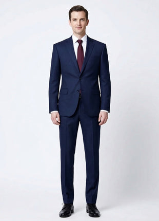 Cardeliano Mens Navy Blue Birdseye Half-Canvassed Slim Fit Notch Lapels 2 Button Wool Suit