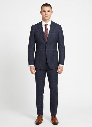 English Laundry Mens Navy Windowpane Slim Fit Notch Lapel 2 Button Wool Suit