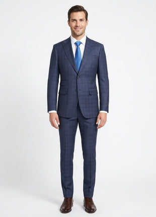English Laundry Navy Plaid With Grey Windowpane Slim Fit Peak Lapel Wool Suit