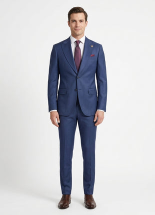 Romaster Mens Tonal Check Blue Slim Fit Peak Lapels Stretch Wool Suit