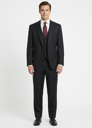 Corneliani Mens Solid Black Fully-Canvassed Peak Lapel Classic Fit 3-Piece Wool Tuxedo Suit - 36S