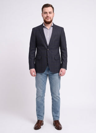 Extra Slim Fit Navy Blue With Brown Plaid Wool Blazer Sportcoat