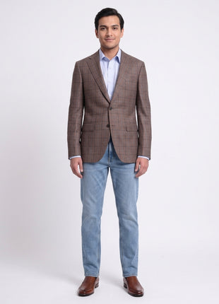 Mens Napoli Slim Fit Brown Blue Plaid Half Canvassed Reda Wool Blazer Sportcoat