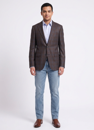 Napoli Slim Fit Brown & Blue Plaid Half Canvassed Reda Wool Blazer Sportcoat