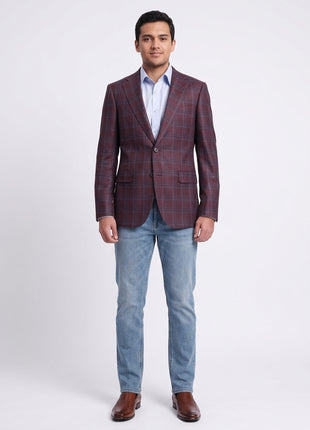 Men's Napoli Slim Fit Burgundy With Blue Plaid Two Button Wool Blazer Sportcoat