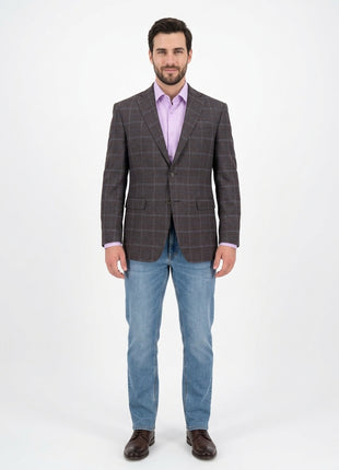 I Uomo Regular Fit Men's Brown & Blue Plaid Two Button Wool Blazer Sportcoat - The Suit Depot