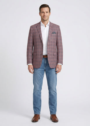 Raphael Mens Burgundy Plaid Classic Fit 2 Button Stretch Blazer Sportcoat