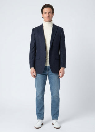 Blujacket Mens Navy Blue Regular Fit Silk Cashmere 2 Button Blazer Sportcoat