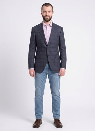 Napoli Slim Fit Blue With Navy Windowpane Half Canvassed Wool Blazer Sportcoat