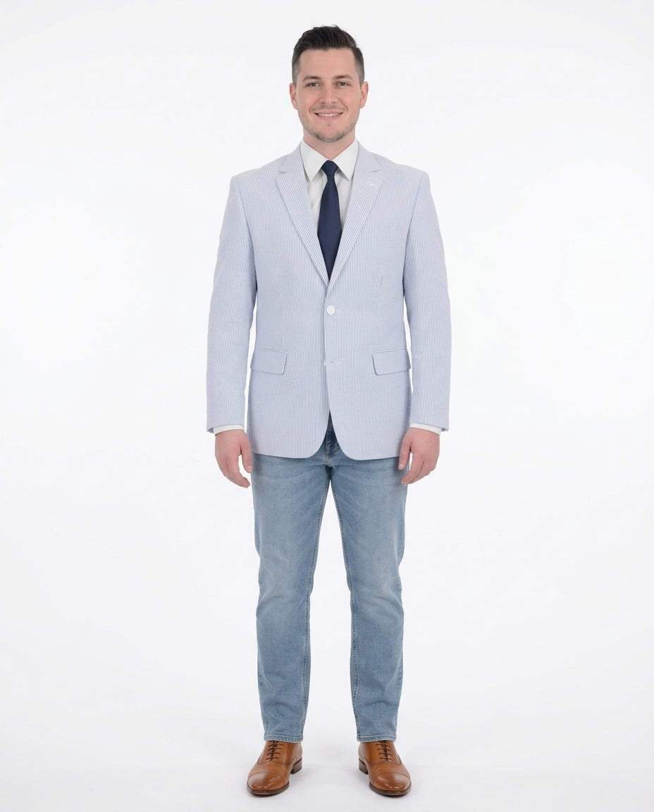 designer oleg cassini wedding dresses Emigre Classic Fit Blue Seersucker Blazer, 38 / Extra Long