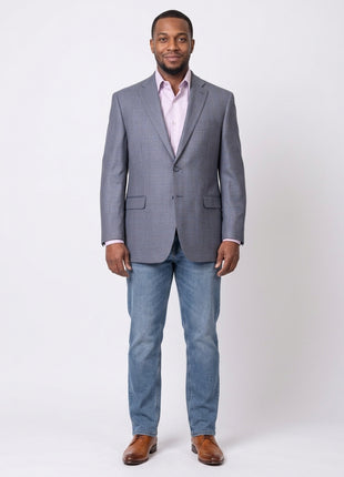 I Uomo Mens Blue Plaid Windowpane 100% Wool Regular Fit Blazer Sportcoat