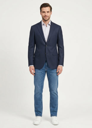 Napoli Slim Fit Navy Blue Textured Two Button Half Canvassed Reda Wool Blazer - The Suit Depot