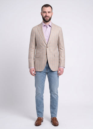 Napoli Slim Fit Tan Stepweave Blue Windowpane Half Canvassed Silk Wool Blazer