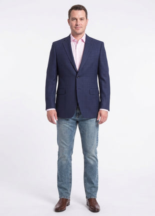 I Uomo Mens Regular Fit Navy Blue Check 2 Button Wool Blazer Sportcoat
