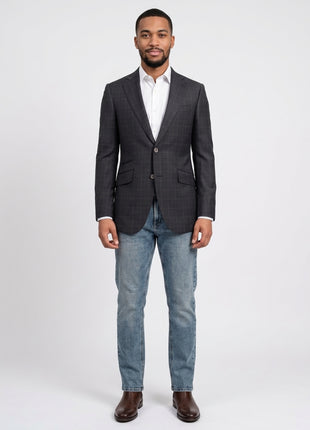 Napoli Slim Fit Blue Windowpane Plaid Half Canvassed Super 150s Wool Blazer - The Suit Depot