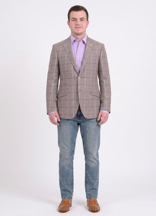 Mens Napoli Taupe Windowpane Half Lined Wool Linen Blend Blazer Sportcoat - The Suit Depot