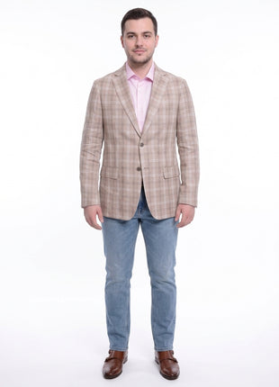 Mens Classic Fit Tan With White & Brown Plaid Two Button Linen Blazer Sportcoat