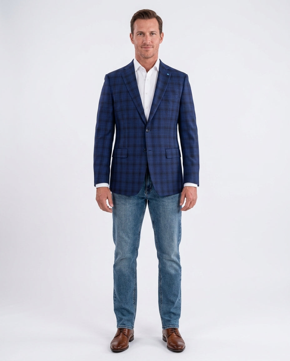 Blujacket Mens Blue & Black Plaid Reda Wool Regular Fit Blazer Sportcoat, 42 / Regular
