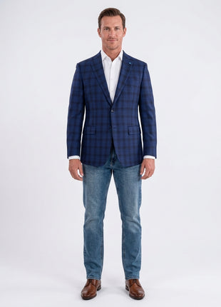 Blujacket Mens Blue & Black Plaid Reda Wool Regular Fit Blazer Sportcoat