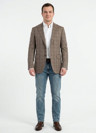Mens Napoli Slim Fit Brown Plaid Half Canvassed Wool Silk Blend Blazer Sportcoat - The Suit Depot