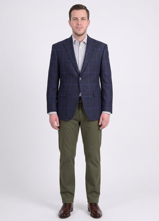 I Uomo Mens Regular Fit Navy Blue Plaid Two Button Wool Blazer Sportcoat - The Suit Depot