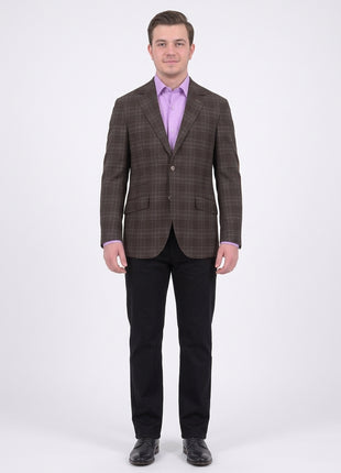 Mens Napoli Brown Plaid Half Canvassed Wool Blazer Sportcoat With Elbow Patches - The Suit Depot
