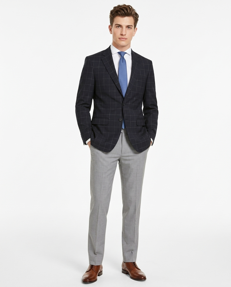 Men's Calvin Klein Navy Blue Windowpane Slim Fit Wool Blazer Sportcoat The Suit Depot Men's Calvin Klein Navy Blue Windowpane Slim Fit Wool Blazer Sportcoat The Suit Depot