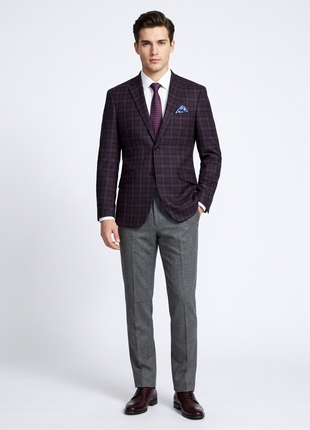 Raphael Men's Mulberry Purple Plaid Wool Blend Slim Fit Blazer Sportcoat