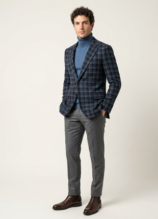 Sartoria Mazara Mens Classic Fit Black & Blue Check 100% Wool Blazer Sportcoat