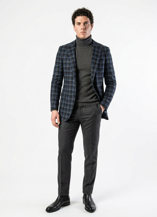 Sartoria Mazara Mens Slim Fit Black & Blue Check 100% Wool Blazer Sportcoat