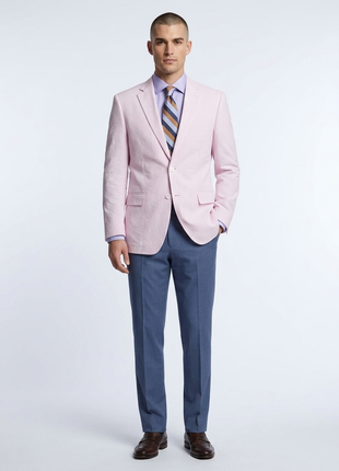 Emigre Classic Fit Pink Striped Two Button Cotton Seersucker Blazer Sportcoat