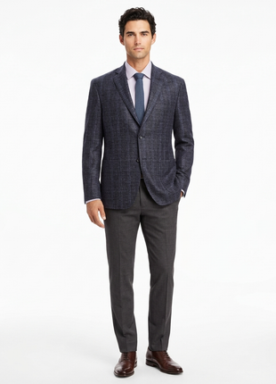 Mens Navy Blue Plaid 100% Wool Half Lined Two Button Blazer Sportcoat