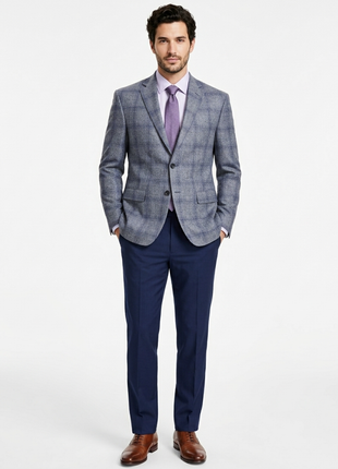 Mens Gray With Blue Plaid Regular Fit Wool Blend Half Lined Blazer Sportcoat