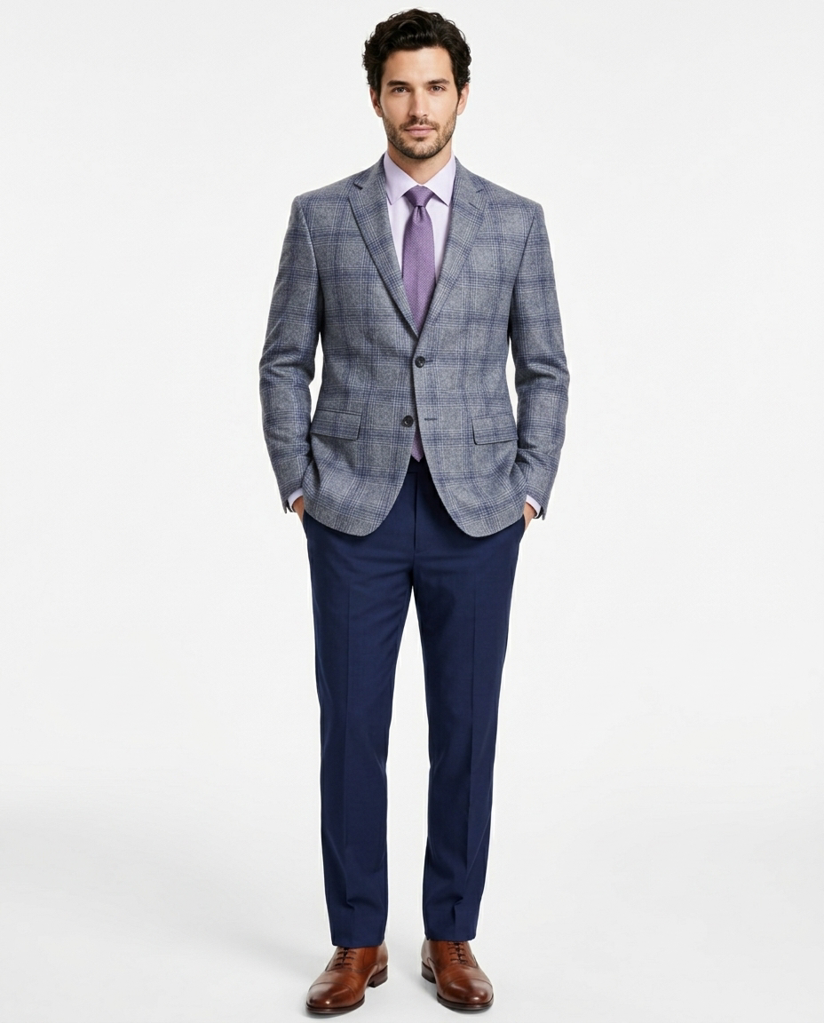 Mens Gray With Blue Plaid Regular Fit Wool Blend Half Lined Blazer Spo – The Suit Depot