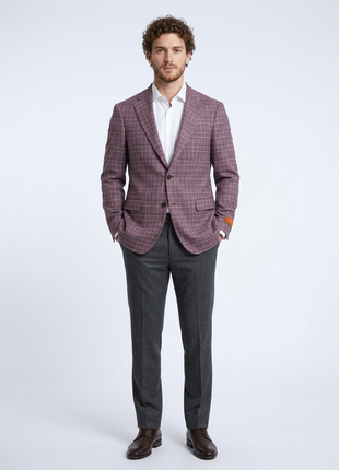 Label E Mens Burgundy Plaid Classic Fit Stretch 2 Button Blazer Sportcoat