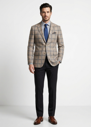 Label E Mens Tan Plaid Classic Fit Stretch 2 Button Blazer Sportcoat