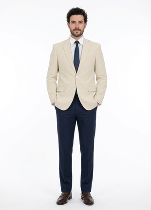Emigre Classic Fit Tan Pinstriped Two Button Cotton Seersucker Blazer