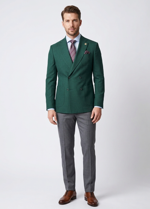 Romaster Mens Double Breasted Green Slim Fit Stretch Wool Blend Blazer Sportcoat