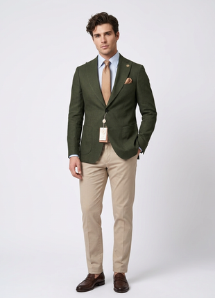 Romaster Mens Green Slim Fit Linen Blend Blazer Sportcoat With Patch Pockets