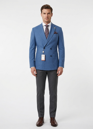 Romaster Mens Double Breasted Blue Slim Fit Stretch Wool Blend Blazer Sportcoat