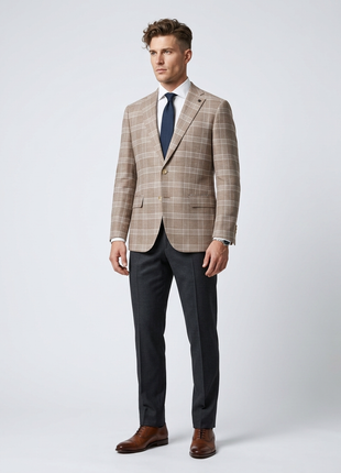 Private Label Mens Beige Windowpane Classic Fit Blazer Sportcoat