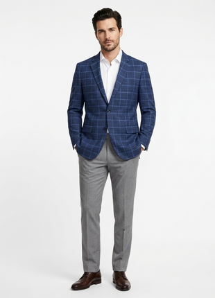 Raphael Blue Windowpane Classic Fit Notch Lapel Stretch Two Button Blazer