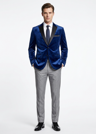 Raphael Navy Velvet Slim Fit Stretch Peak Lapel Tuxedo Blazer