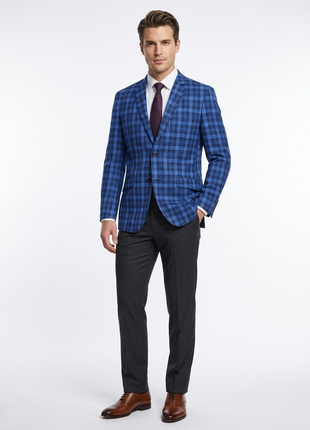Raphael Blue Plaid Slim Fit Two Button Notch Lapel Blazer