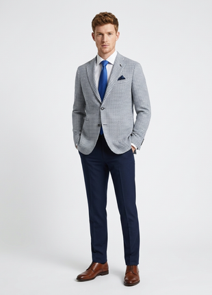 Raphael Blue White Houndstooth Slim Fit Patch Pockets Notch Lapels Blazer