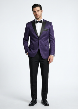 Raphael Purple Slim Fit Peak Lapel Tuxedo Blazer With Embroidered Pattern