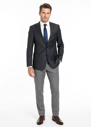 Tommy Hilfiger Charcoal Grey with Light Blue Windowpane Modern Fit Notch Lapel Wool Stretch 2-Button Blazer Sportcoat
