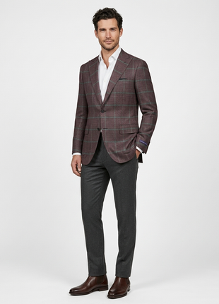 Canuti Burgundy Green Glen Plaid Peak Lapels Modern Fit 2-Button Blazer