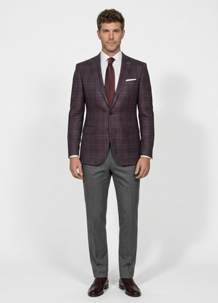John Varvatos Glen Plaid Burgundy Slim Fit Wool Two Button Blazer Sportcoat